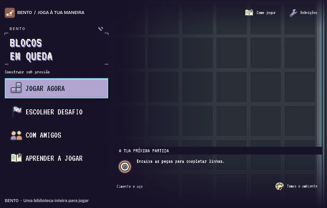Ecrã inicial de Bento Blocos em Queda